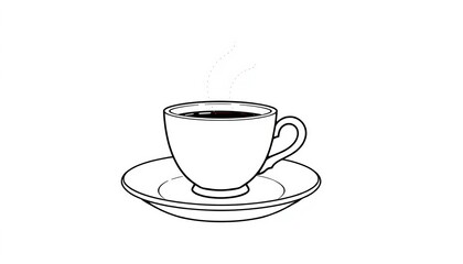 Simple line drawing of a coffee cup and saucer , icon, clean