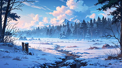 snowy forest anime wallpaper background with fog, AI Generative