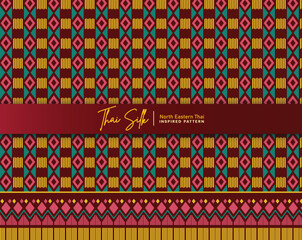 Decorative seamless pattern background. Inspired by North Eastern Thai silk pattern style called "Sin Mak Bok". Colored in traditional red, cyan, and gold.