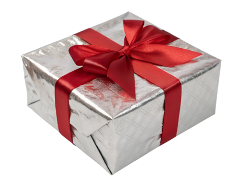 Silver Gift Box with a Red Ribbon Isolated on transparent background, Isolated Png file, Cut-out, Isolate Png, No Background, Isolated object