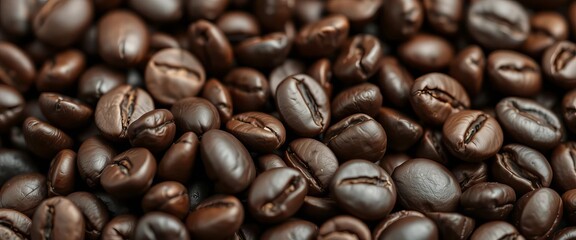 Fototapeta premium Close-up of dark roasted coffee beans, rich texture and aroma, image, organic