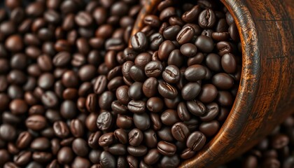 Fototapeta premium Close-up of dark roasted coffee beans overflowing from a rustic mug, home, delicious