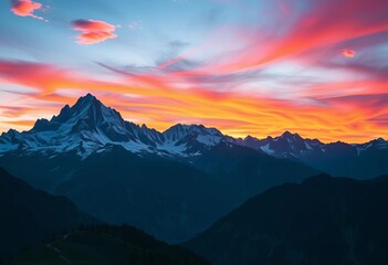 Majestic peaks ablaze with sunset hues against a vibrant sky,  stunning,  sky