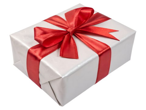 Silver Gift Box with a Red Ribbon Isolated on transparent background, Isolated Png file, Cut-out, Isolate Png, No Background, Isolated object