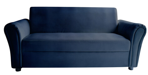 A long single Dark blue sofa on a white background, for illustration use isolaye on white with clipping path PNG File.