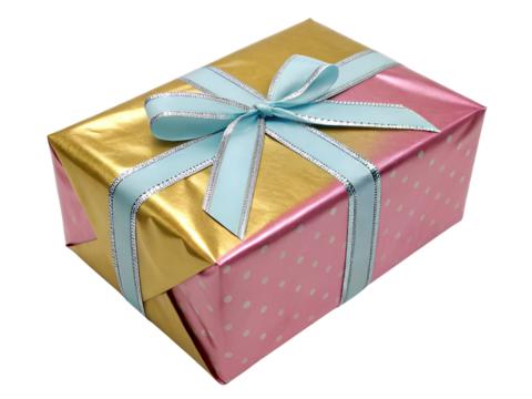 Wrapped Present with Gold and Pink Paper Isolated on transparent background, Isolated Png file, Cut-out, Isolate Png, No Background, Isolated object