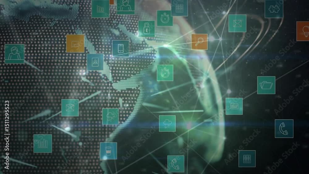 Poster On start, dotted 3D globe rotating with floating icons and pulsing lines visualizing data flow