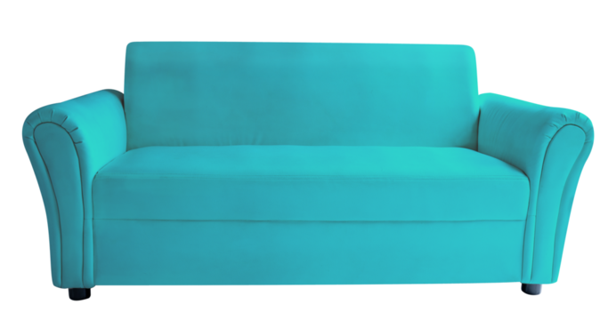 A long single Blue Turquoise sofa on a white background, for illustration use isolaye on white with clipping path PNG File.