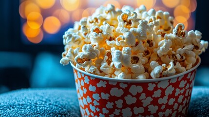 Close-up of a bucket of popcorn on an armrest with blurred movie screen in the background