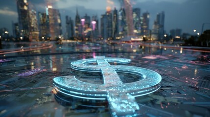 Fototapeta premium Dollar sign in night cityscape
