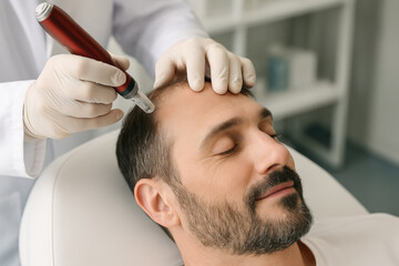 Fototapeta premium Man receiving microneedling hair treatment from professional in clinic setting for hair growth