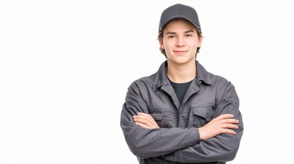 Young Technician with Folded Arms in Neutral Pose for Repair Work