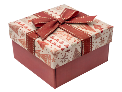 Festive Gift Box with Christmas Pattern and Ribbon Isolated on transparent background, Isolated Png file, Cut-out, Isolate Png, No Background, Isolated object