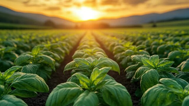 Green basil plant field sunset with rows of fresh leaves growing soil, creating peaceful and vibrant agricultural landscape warm sunlight and mountain background for fresh green leaf agriculture row