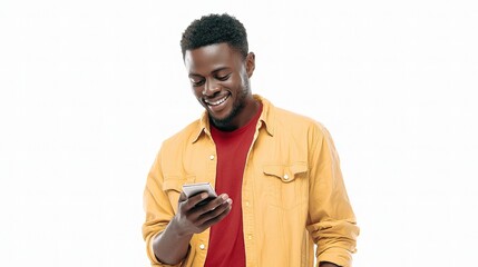 Young Man Smiling While Chatting on Smartphone Isolated Background