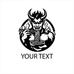 Black and White Devil Mascot Eating Noodles Vector Logo Isolated on White Background