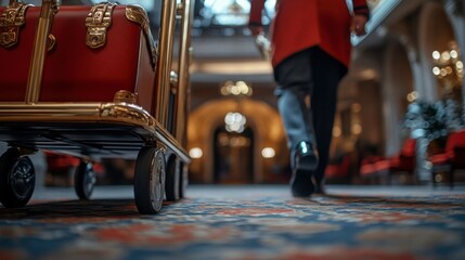 Close-up of bellhop pushing a luggage trolley across a carpeted floor with a golden luggage rack in focus