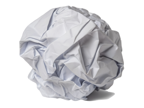 Close-Up of Crumpled White Paper Ball Isolated on transparent background, Isolated Png file, Cut-out, Isolate Png, No Background, Isolated object