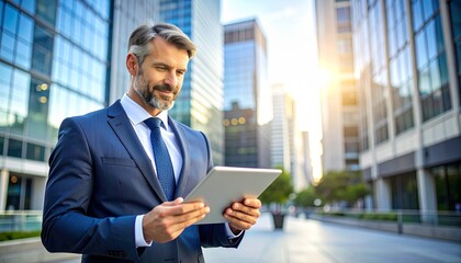 Fototapeta premium Businessman in formal suit using tablet with blank screen