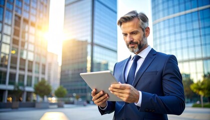Fototapeta premium Businessman in formal suit using tablet with blank screen