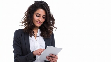 Confident Middle Eastern Businesswoman Using Tablet in Isolation