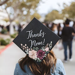 Celebrating Graduation Day: A Stylish Outdoor Ceremony with Joyful Students, Loving Family, Floral Decorations, and Heartfelt Appreciation for Mother's Support in Achieving Milestones