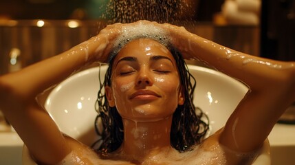 Client receiving hair wash at sink with reclining chair, ambient music playing, warm lighting