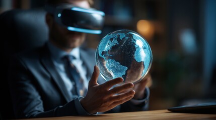 Businessman in Dark Office Using Holographic Technology in Virtual Reality