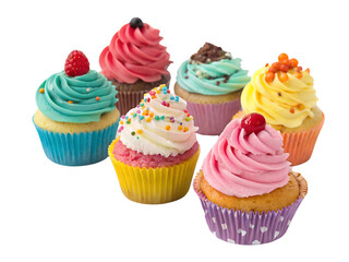 Assortment of Multicolored Cupcakes with Frosting Isolated on transparent background, Isolated Png file, Cut-out, Isolate Png, No Background, Isolated object