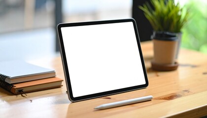 Fototapeta premium Digital tablet with empty screen on marble kitchen countertop