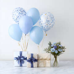 Light Blue and White Balloon Decorations with Polka Dots for a Cheerful Birthday Party: Elegant Gift Wrapping, Festive Table Settings, and Joyful Celebration Atmosphere