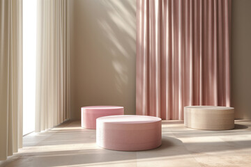 Three round objects are on a floor in a room