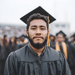 Celebrating Graduation Day: A Young Adult Male in Cap and Gown Smiles with Pride at College Ceremony Surrounded by Family and Friends in a Diverse Outdoor Audience of Joy and Achievement