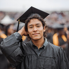 Celebrating Graduation Day: A Happy Young Man in Cap and Gown Posing Confidently Outdoors with Family and Friends, Capturing Milestones, Achievements, and Joy in a Memorable Ceremony