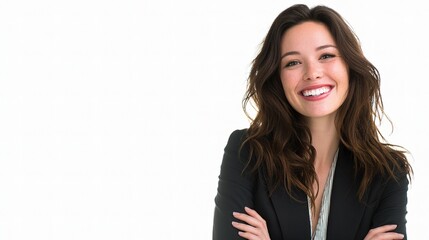 Cheerful Brunette Model in Business Attire Smiling Against White Background