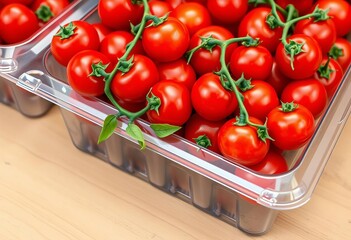 A pint of cherry tomatoes nestled in a clear plastic tray,  snack,  agriculture