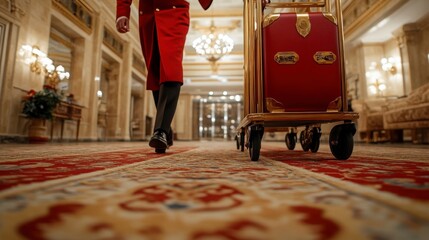 Close-up of bellhop pushing a luggage trolley across a carpeted floor with a golden luggage rack in focus