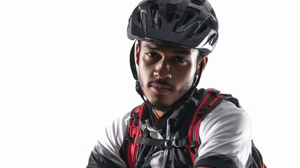 Male Mountain Biker in Helmet Against White Background