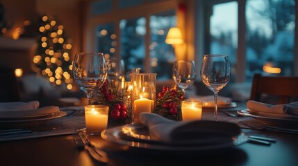 Table set with wine glasses, candles, and folded napkins in a high-end dining room, soft spotlight