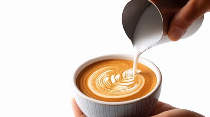 Barista Pouring Milk for Beautiful Latte Art on White Background