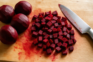 Fresh raw beets on cutting board with knife and diced cubes