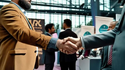 Diverse business people shaking hands, making deal during conference in modern convention center. Business partnership and success concept. - Powered by Adobe