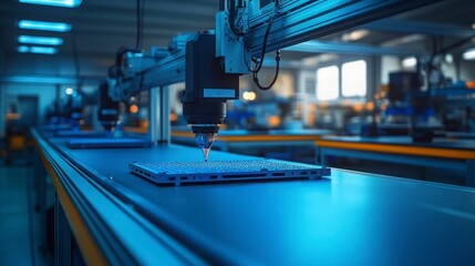 Interior of high-tech factory with 3D printers and CNC machines running, blue ambient lighting
