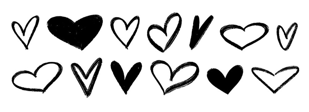 Black crayon hand drawn hearts set. Childish doodled heart collection. Grunge rough brush stroke romance love element pack for collage, poster, sticker. Sketched wax pencil symbols. Vector
