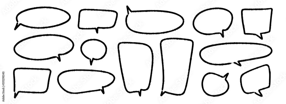 Poster Hand drawn speech bubbles set. Doodled marker dialog box collection. Sketched textured comic talk frames. Round, square or rectangle balloon text box bundle. Vector felt tip pen chat cloud pack