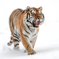 Obraz premium A roaring tiger facing forward with its body slightly angled, showing detailed fur and an intense expression.