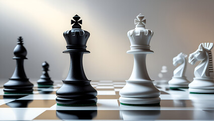 A clean, monochromatic image with a single black king and white queen (or vice versa) placed symmetrically on a chessboard. The rest of the board is empty, with a soft light gradient behind it.