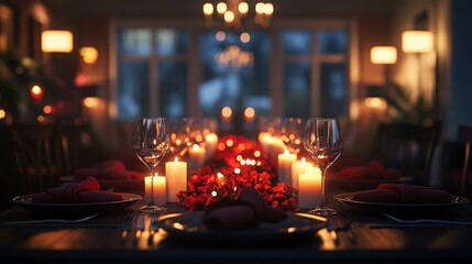 Table set with wine glasses, candles, and folded napkins in a high-end dining room, soft spotlight