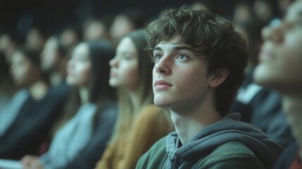Side angle showing multiple rows of students listening to a technical lecture, academic ambiance