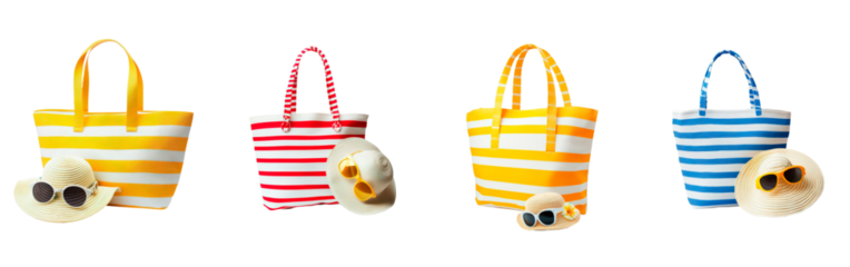 Set of summer accessories featuring a striped beach bag and a straw hat with sunglasses on transparent background, PNG